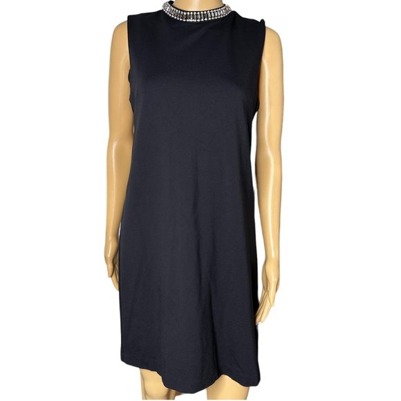Adrienne Vittadini Dresses & Skirts - Adrienne Vittadini Shift Dress Size 4 Black Rhinestone Neck knee Length Sleevele